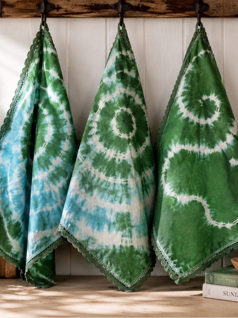 Hand-Dyed Tie-Dye Tea Towels - Green & Teal Spiral Set - Picture 1 of 9